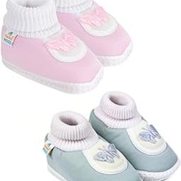 6 To 12 Months Baby Boys & Girls Pack of 2 Pair Cotton Butterfly Booties -SK175andBT2146-28
