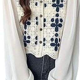 Women's Boho Knit V-Neck Crochet Hollow Out Puff Sleeve Button Up Crop Top Shirt (One Size Fit Bust 30-34 Inch)-image-17