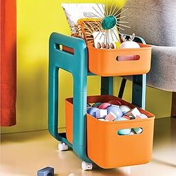 HomeStrap Wheels Of Wonder Multipurpose Space Saving Shelf Stand / 2 Layer Modular Drawer (Orange)-image-2