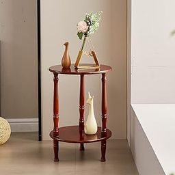 BROWN ART SHOPPEE Round Side Table, 2-Tier End Table for Small Spaces, Wooden Coffee Table With Wood Legs (Walnut)-2