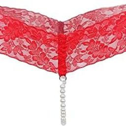Women Crotchless Panties Sheer Lace Thong Underwear Pearls Strings Red-image-81