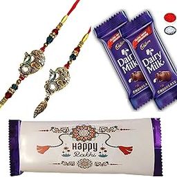 Premium Designer Peacock Lumba Rakhi for Bhaiya Bhabhi with 2 Rakhi Theme Wrapped Dairy Milk Chocolates & Caramel, Tikka & Roli Chandan Chawal Mishri Pack-image-24