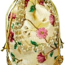 Floral Embroidered PotliBag, Gold Silk with Pink and Green Flowers, Drawstring Closure-image-91