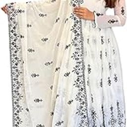 Women's White Georgette Chikankari Anarkali Kurta Set With Dupatta-image-81
