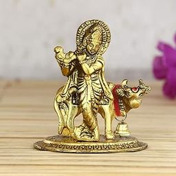 eCraftIndia 'Lord Krishna Playing Flute with Golden Cow' Showpiece (Metal, 8 cm x 9 cm, Golden, AGK506)-picture-15