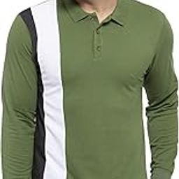 Men's Full Sleeves Polo Neck Cotton Blend Vertical Stripe T-Shirt(Green::White::Dark Grey)-17