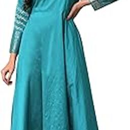Women's Glitter Printed and Embroidered Long Dress, Teal Blue-image-62
