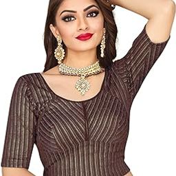Round Neck Jacquard Striped Cotton Stretchable Elbow Sleeve Readymade Saree Blouse for Women Stylish_(Beige)(SC_BL_5901_FOIL_KATORI)-image-44
