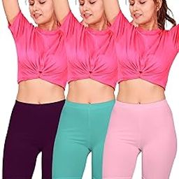 Flexy Women's Premium Shaping Tights – Cotton Elastane Blend, High Rise Design with Soft Bio-Washed Finish and Comfort Fit (75 CM | Size XS) - Dark Violet + Green + Light Pink (Pack of 3)-picture-19