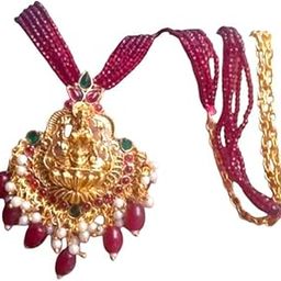 Women's Glittering Short Temple Jewellery 3D Maroon Lakshmi Stone Pendant Goodquality Maroon 5 Line Hydro Crystal 2Mm Beads Chain Combo Offer Adjustable Size Festival Wear-image-6