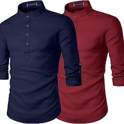 Men's Combo Cotton Blend Solid Full Sleeve Straight Regular Fit Mandarin/Chinese Collor Kurta (Pack of 2)-image-82