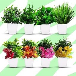 Dodecroo® Artificial Potted Plastic Fake Green Plant, 8 Pack Small Potted Plants for Home, Office Living Room Artificial Flowers with Pot | Faux Plants Indoor with Pots (4Color,4Green)-image-3