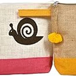 Daffodil Jute Pouch for Men, Women & Kids Multipurpose Printed Pouch Cosmetic & Pen Pouch Cute & Quirky Designs Decorated with Pompom lotkan (Pack of 2) (Ladybird Snail)-image-6
