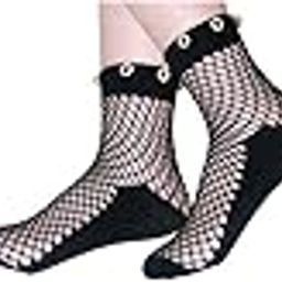 Women's Ultra-Thin Transparent Fish Net Styled Elastic Pearl Short Ankle Socks (Color:Black) 3 Pair - Pearl color-23