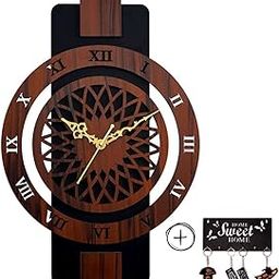 9br Wooden Silent Quartz Movement Wall Clock for Home Big Size Living Room Hall Bedroom Stylish Clock II Stylish Wall Clock for Home Decor Brown with Key Holder (311 Rect Roman)-image-92