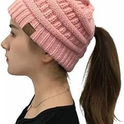 Ponytail Warm Stretch Knitted Winter Cap for Women's & Girl's Slouchy Knit Beanie Hat Warm Soft Cable Skull Cap Pink Colour-image-16