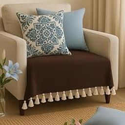 Dark Brown Sofa Cover With Tassels for Single Seater | Recliner, Wing, Dining, Office Chair Throw | 1-Piece Sofa Seat & Back Cover | Stylish Single Sofa Throw with Tassels for Living Room-image-36