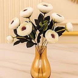 Green Fills Artificial White Ranunculus Flowers with Glass Vase, 20 cm Elegant Faux Flower Arrangement, Living Room Decor (Golden Bulb-Shaped Vase)-5