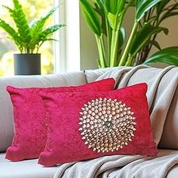 Mystik Homes Precious Embroidered Sequence Stone Work Sparkle Velvet Cushion Covers (12x18 inch) Set of 2 Cushion Covers (12x18 Inch, Pink)-image-35