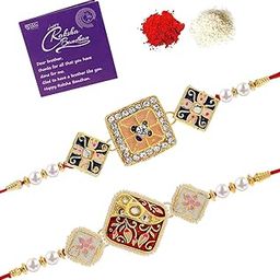 Ethnic Kundan & Pearls Designer Meenakari Gold Plated Premium Rakhi for Brother With Roli Chawal & Greeting Card | Rakhi for Brother/Bhaiya/Bhai/Men|Rakhi Combo-Set of 2|CBRAK106943-image-93