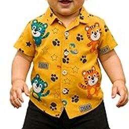 Cartoon Tiger Print Shirt & Shorts Set for Kids | Unisex Cotton Blend Co-Ord Summer Outfit | Regular Fit Casual Wear for Baby & Toddler Boys & Girls | Yellow-image-65