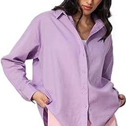 Cotton Linen: Lavender Women and Girls Long Sleeves Collared Neck Button Front Solid Cotton Linen Boyfriend Shirts-image-46
