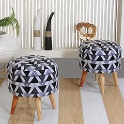 Shadowkart Ottoman Stool for Living | Pouffes for Sitting Printed Ottoman | Foot Rest Wooden Ottoman Foot stools | Make up Dressing Side Table & Decoration, Combo 17 Inch Height, Black Triangle-image-67