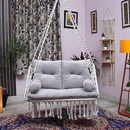 Patiofy Cotton Premium White Double Seater Hanging Swing/ 2 Seater Swing For Balcony/Swing For Adults For Home For 2 People/Jhula With Grey Full Body Sitting Cushion & Hanging Kit-image-18