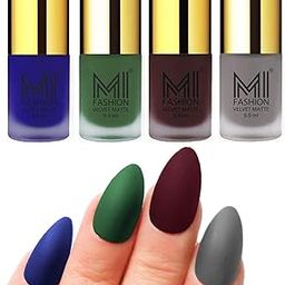 MI FASHION Highly Pigmented Velvet Matte Nail Paint Set Effortless Matte Top Colour 9.9ml Royal Blue, Green, Wine, Grey (Pack Of-4)-11
