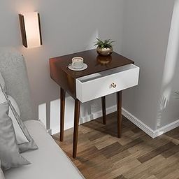 Modern Bedside Table with Solid Wood Legs, Minimalist and Practical End Side Table with Drawer Storage, Easy Assembly (Brown & White)-7