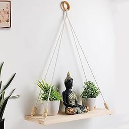 Macrame Wall Hanging Shelf Wood Floating Shelves with Wooden Beads & Ring Modern Chic Decor for Dorm Living Room Nursery Gift Item 50 x 30 cm Beige-picture-7