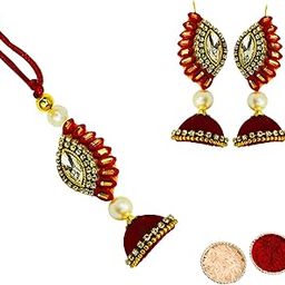 Buyent ® evil eye lumba lumba rakhi for bhabhi rakshabandhan gift earring set for women combo jhumka with roli chawal pack-image-36