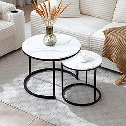 ivoros Nesting Coffee Table Set of 2, Round Coffee Tables for Living Room with White Marble Tabletop, Black Metal Frame and Non-Slip Feet, Circle Wooden Tables Side Table End Tables for Bedroom-image-3