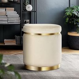 Decoration Crown Velvet Round Dual Strip Ottoman Office Stool Foot Rest Stool Linen Fabric Padded Seat Pouf Ottoman (Cream)-image-52