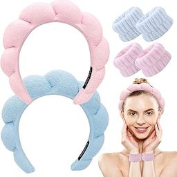 6Pcs - 2 Spa Headbands and 4 Wristbands Set for Women - Perfect for Skincare, Face Washing & Makeup, Puffy Soft Headbands for Girls & Women, Cute Versed Terry Cloth Sponge Headband for Women-image-50