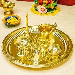 Ekhasa 100% Pure Brass 10 Inch Pooja Thali Set | Puja Thali Set for Home Or Gifting | Brass Aarti Thali For Pooja, Mandir, Wedding, Festivals | Pital Pooja Set Items For Home Decorative | Peetal Plate-image-0