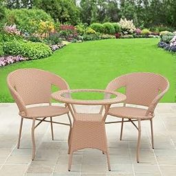 OUTLIVING Rattan & Wicker Patio Seating Set of 3 Outdoor Furniture Garden Patio Seating Set 2 Chairs & 1 Table Balcony Furniture Coffee Table Sets (Light Brown), 24 Inches-6