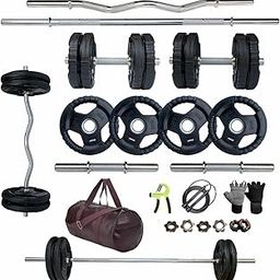 LEEWAY Rubber Coated Weight Plate 50 Kg Home Gym Set with 5ft Plain + 3ft Curl & 1 Pair Dumbbell Rods with Gym Accessories, Professional Weight Plates, Gym Equipment (50kg Set (2.5X4+5X4+10X2)), Black-17