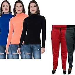 indiweaves Women Winter Wear Combo Pack- Full Sleeves High Neck/Skivvy and Fleece Warm Lower/Track Pants (Blue, Orange, Black, Red, Drak Gray,36) Pack of 5-picture-29