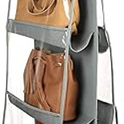 GRAB IT Non-Woven Handbag Organizer 6 Pockets For Ladies | Non Woven Foldable Bag Organizer For Wardrobe | Transparent With Hanger (Grey)-19