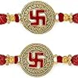 Traditional Swastik Rakhi with Golden Beads and Red Thread, Religious Raksha Bandhan with Roli, Chawal and Chandan-image-29