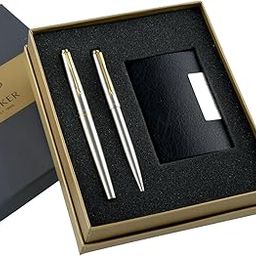 Parker Galaxy Silver Body | Stainless Steel | Gold Trim + Free Card Holder (2 Count, Pack of 2, Ink - Blue) | Recommended for gifting occasions | Elite pen for corporate and academic purposes-image-85