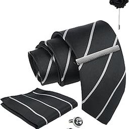 Tie for Men – Floral Silk Neck Ties Set with Cufflinks Flower Pin, Pocket Square & Black Gift Box, Combo Necktie Sets for Office Wear, Formal Suits & Weddings (Classic Black, NXWDS_203)-image-118