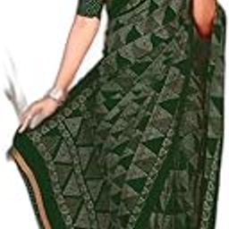 Women's Printed Fancy Leaf Print Chiffon Saree with Blouse Piece (Dark Green) (2555S289)-picture-14