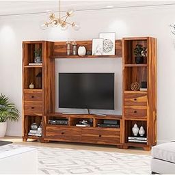 WoodMarwar Sheesham Wood Tv Unit for Living Room | LED/LCD TV Cabinet with Decorative Display Unit | Tv Capacity Up to 65 Inches | Open Bookcase | 4 Shelf & 2 Drawer Storage Book Shelf | Natural-image-7