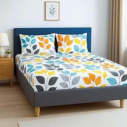 Vrinda Fabrico Glace Cotton Fitted Double Bedsheets with 2 Pillow Covers | Double Bed Ultrasoft 200TC (White Leafe, 90" x 100")-image-4