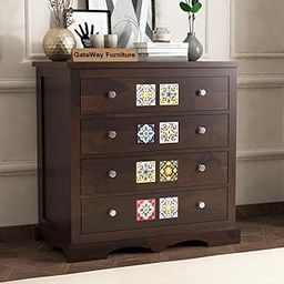 GateWay Furniture Solid Sheesham Wood Wooden Chest of Drawers with 4 Drawer Storage | Multipurpose Storage Cabinet Rack for Bedroom Home Living Room (Design 13, Walnut Finish)-25