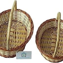 INDIANA CRAFTS Fine quality oval shape handle cane bamboo wicker basket Multipurpose natural basket for hamper chocolate fruit dry fruit wedding packing pooja basket Size (12x8) & (11x7) inch Set of 2-5