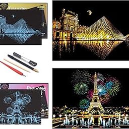 Rainbow Scratch Painting Paper, Scratch Off Craft Kits for City Series Night Scene,Sketch DIY Creative Gift,Scratchboard for Adult and Kids,Size 11'''x16''with 4 Tools(French Series)-1