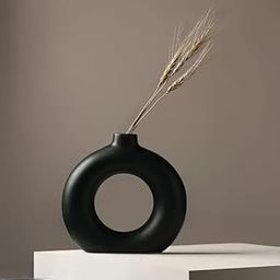 METALLICON Modern Donut Ceramic vase – 6 inch Round Hollow Flower vase for Home décor, Minimalist Matte Finish Decorative Pot for Table, Shelf & Living Room (Black)-image-3